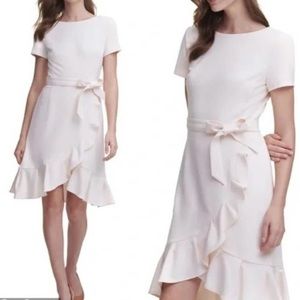Calvin Klein Short Sleeve Ruffle Tulip Hem Faux Wrap Dress Sz 12- pale pink